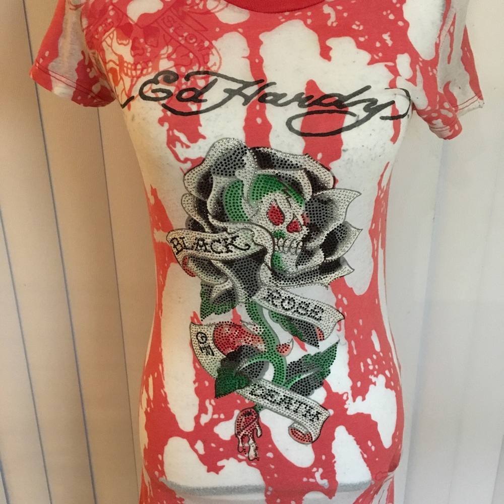 Ed Hardy Short sleeve T-shirt colorful shiny print design Front and back